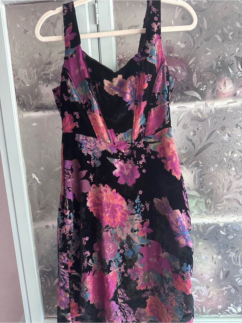 Sage Black Velvet Mini Dress with Pink and Purple Floral Print
